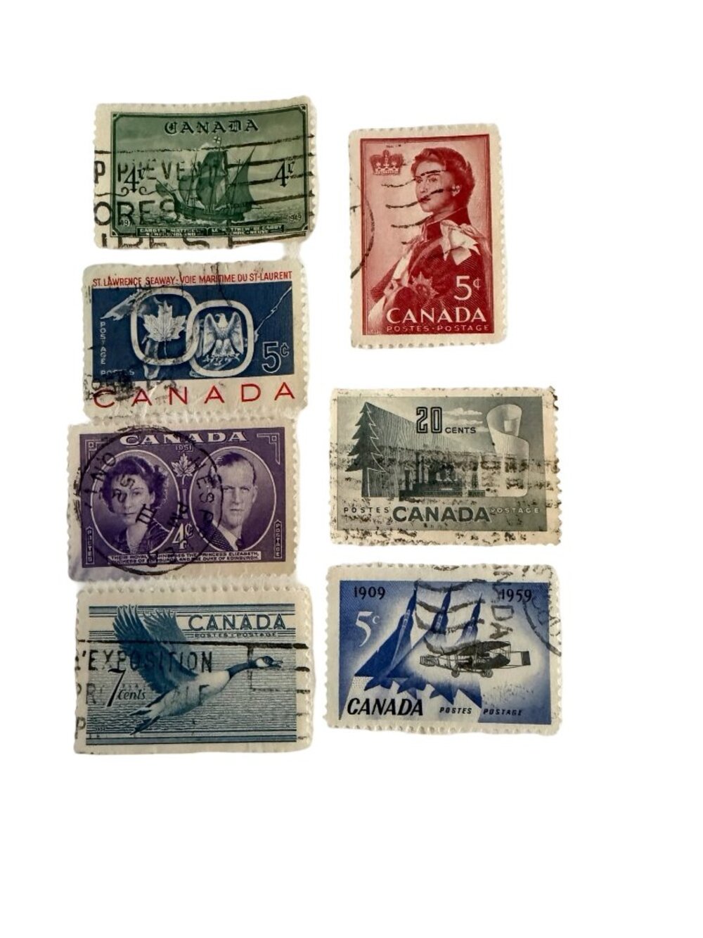 Vintage Kenmore Stamp Co Canada 1947-1959 Set of 7 Used Stamps Original Packet